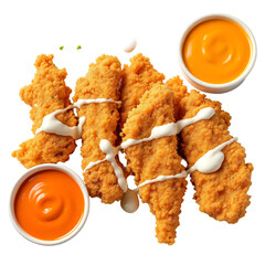 Crispy air-fried oyster mushroom tenders with seasoned coating, buffalo and ranch dipping sauces on white background, high-resolution food photography