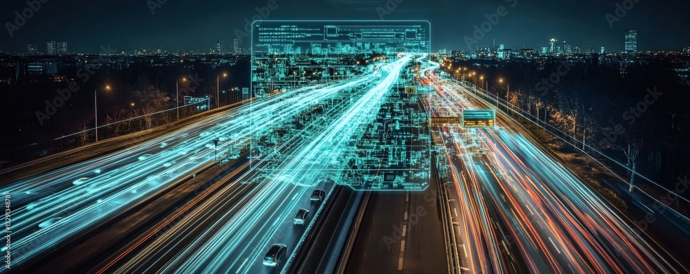 Poster futuristic depiction of a highway with technological data overlay