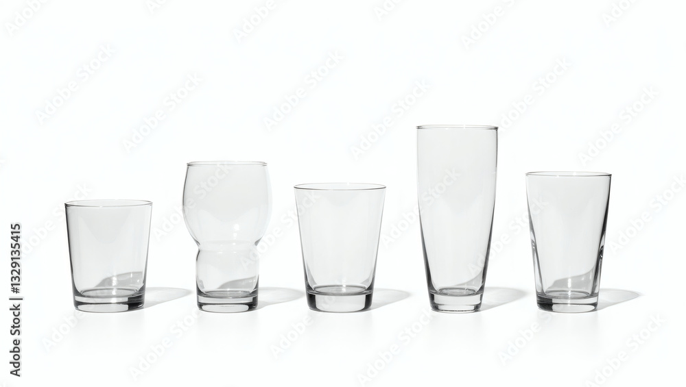 Poster a collection of five different types of glass glasses arranged neatly. the transparent glasses vary 