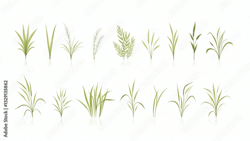 Poster a collection of various stylized green plants and grass illustrations arranged against a background.