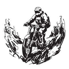 Stylish Motorcyclist on Scenic Road – Travel and Adventure Concept. Sketch vector illustration