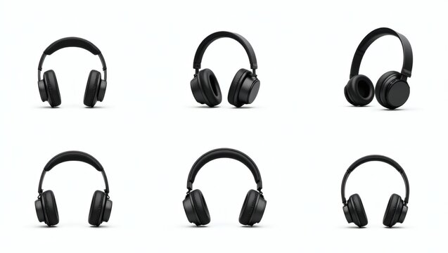 a collection of stylish black headphones arranged in a grid, showcasing their design from different angles