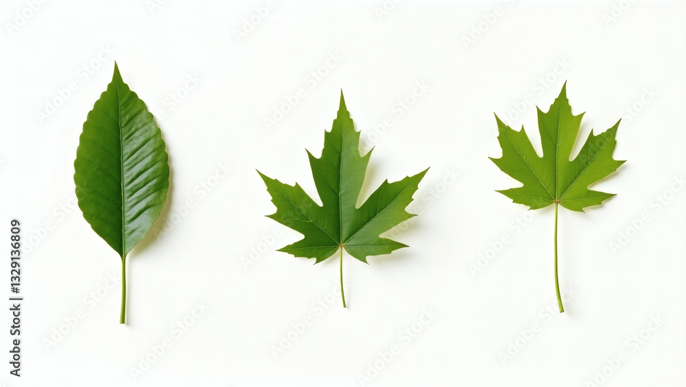 Poster three different types of green leaves isolated on the background. the leaves showcase unique shapes 