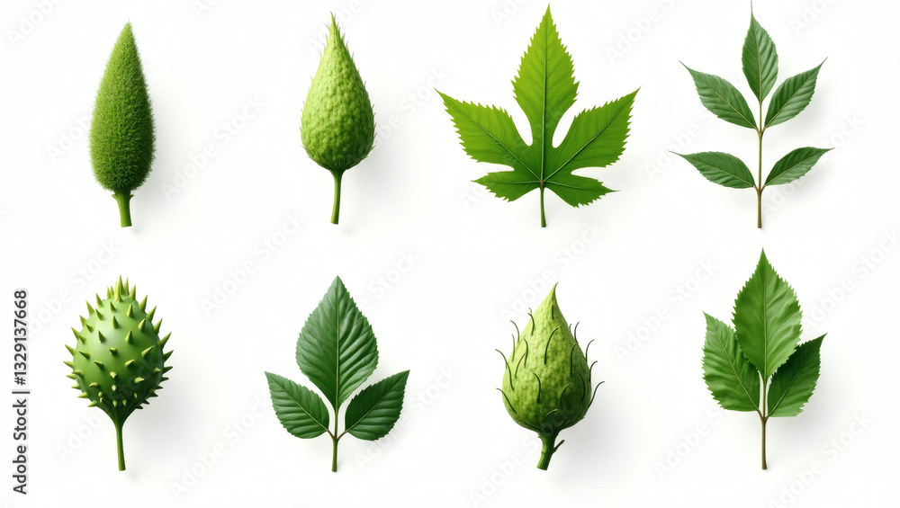 Poster an array of different leaf shapes in varying shades of green, meticulously arranged