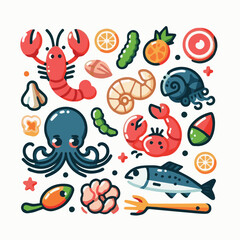 seafood, fish, restaurant, food, vector, illustration, menu, vintage, sketch, dinner, sea, fresh, design, ocean, shrimp, retro, ink, drawing, meal, background, lunch, graphic, market, gourmet, marine,