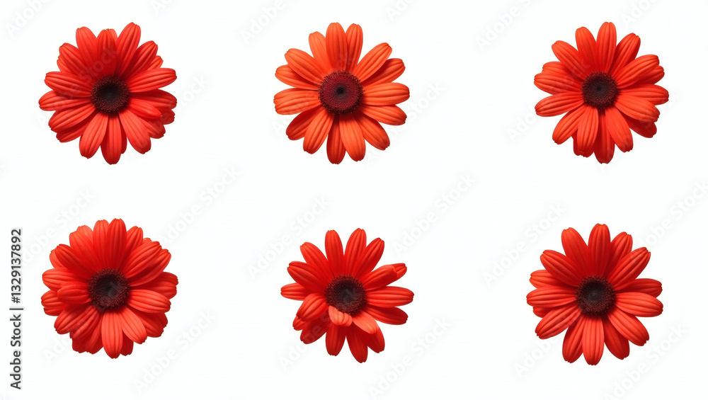 Poster a group of six vibrant red gerbera daisies arranged neatly in a grid formation. each flower has a di