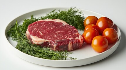 Fototapeta premium A succulent medium-rare steak with rich marbling rests atop verdant green dill on a pristine white plate, inviting tantalizing anticipation