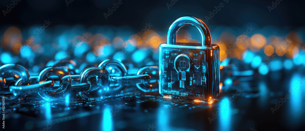 Poster securing digital assets cybersecurity lock and chain modern office conceptual image futuristic envir