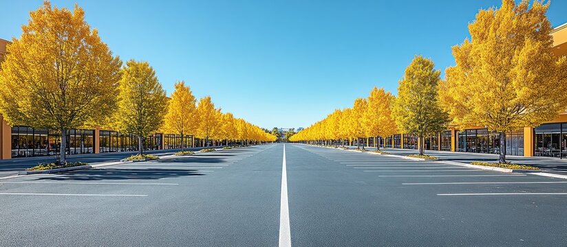 A long parking lot surrounded by rows of golden colored trees