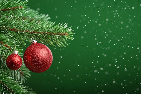Festive Christmas Tree Branch with Red Ornaments and Falling Snow