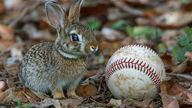 Rabbit is standing next to a baseball. The scene is peaceful and calm. The rabbit is curious about the baseball, and the ball seems to be resting on the ground