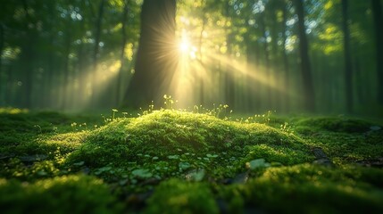 Lush green moss blankets a mysterious foggy forest floor, magically illuminated by golden sunbeams, creating a tranquil, serene atmosphere.