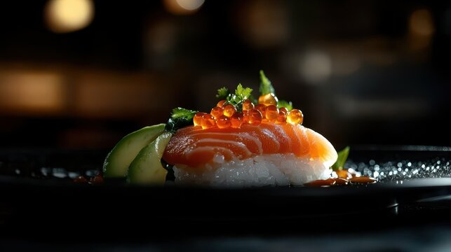 A beautifully arranged piece of sushi showcasing fresh salmon and ikura, enhanced by vibrant garnishes, enticing appetite and visual satisfaction.