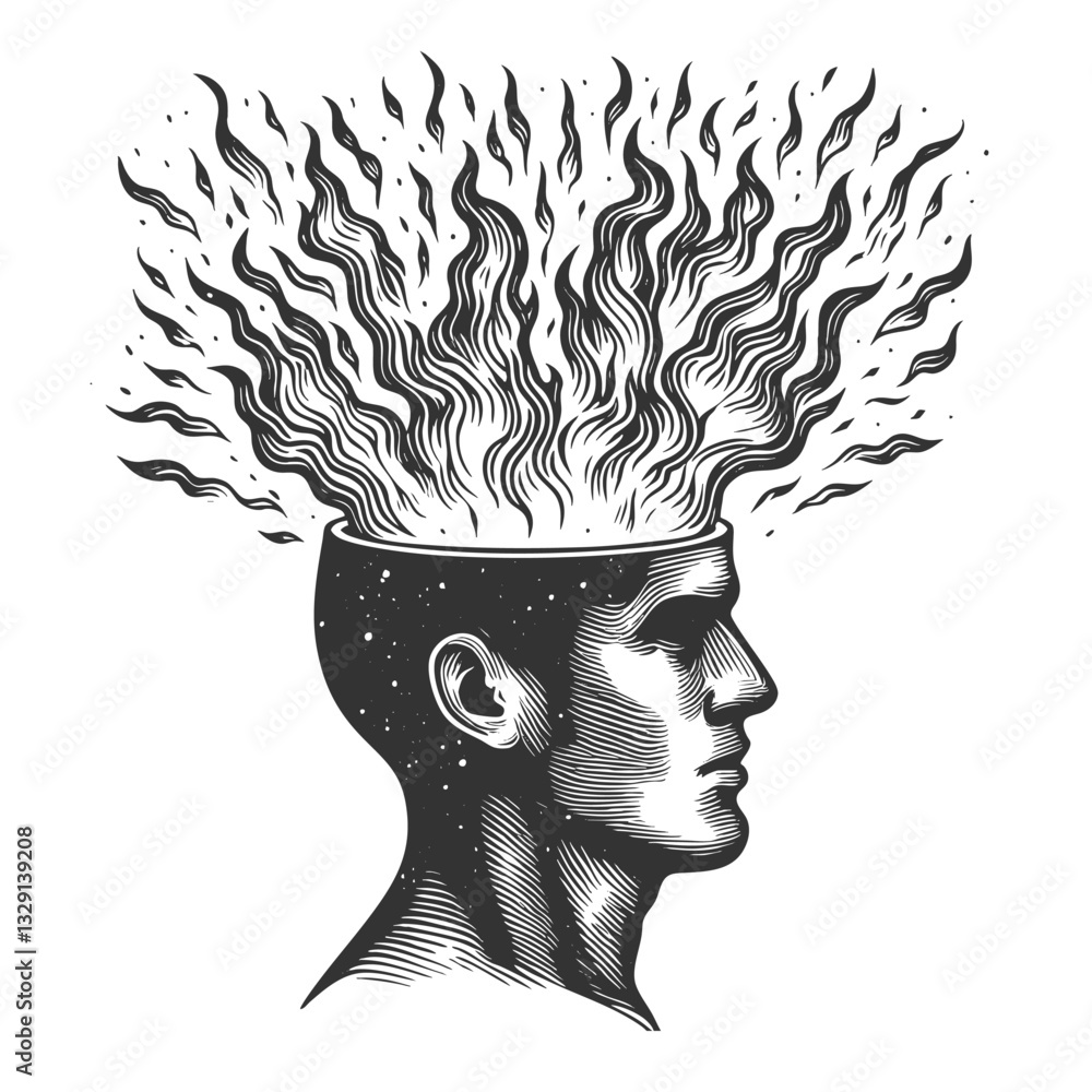 Poster man in a suit with flames emerging from his head, symbolizing intense creativity and ideas sketch en