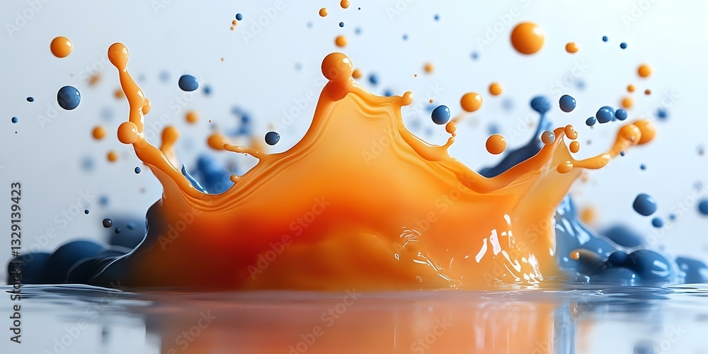 Poster orange and blue liquid crown splash with droplets creating dynamic motion effect against light backg