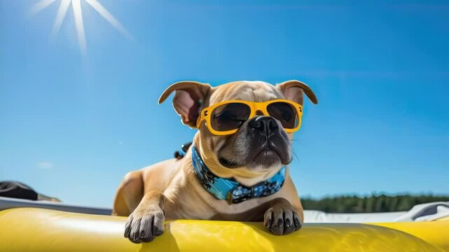 Funny bulldog wearing bright yellow sunglasses and blue collar on yellow pool float against clear blue sky. Cute pet enjoying summer relaxation on inflatable raft with humorous cool expression
