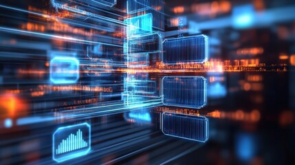 Dynamic digital data flow virtual environment infographic visualization high-tech setting futuristic perspective data processing concept