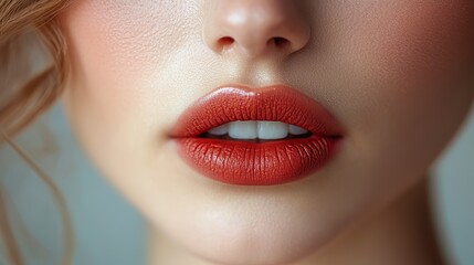 Fototapeta premium Natural beauty and self care from cosmetology, lip augmentation, or dentistry are emphasized in a close up of beautiful plump lips of a young woman.