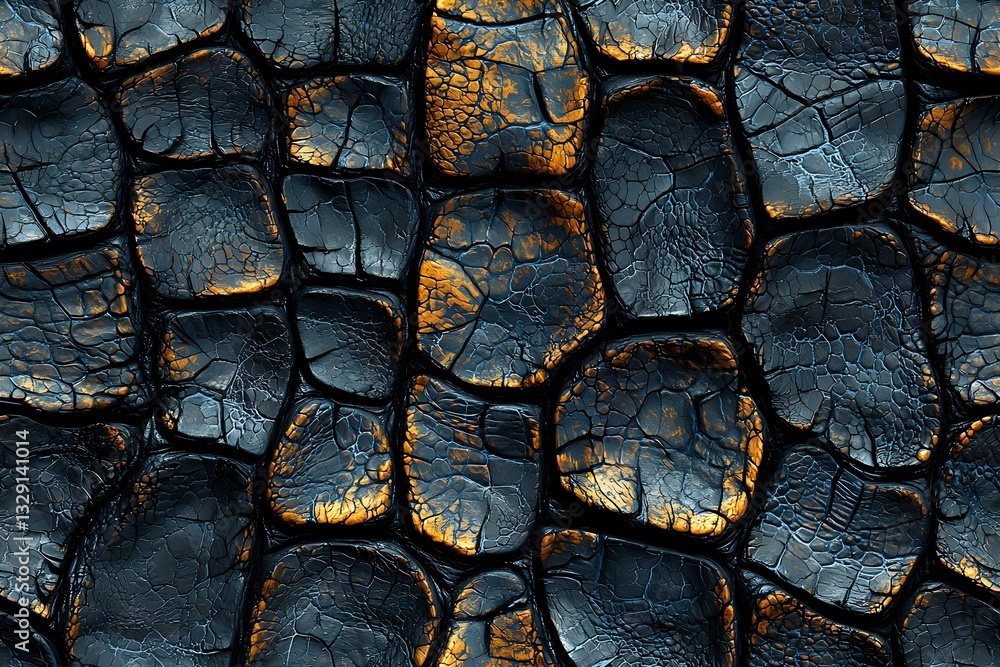 Poster dramatic macro shot of cracked dark surface with golden light glowing through fissures creating abst