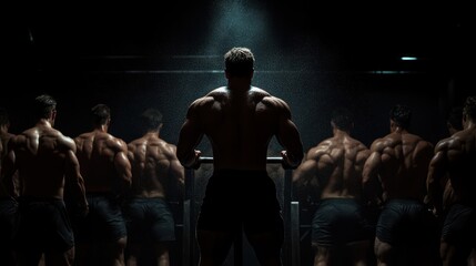 Fototapeta premium A group of muscular athletes is training under dynamic lighting, highlighting their strength and determination in a dramatic, high-energy workout environment.