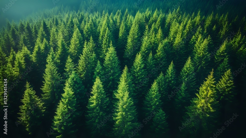 Poster lush evergreen forest canopy with sunlit pine trees creating a natural pattern, aerial view showing 