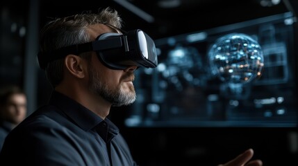 A focused man wearing a VR headset interacts with an advanced digital interface, illustrating the immersive nature of virtual reality and its engaging technology for the future.