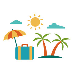 Summer vacation. Luggage under a beach umbrella. Palm trees and the sun.