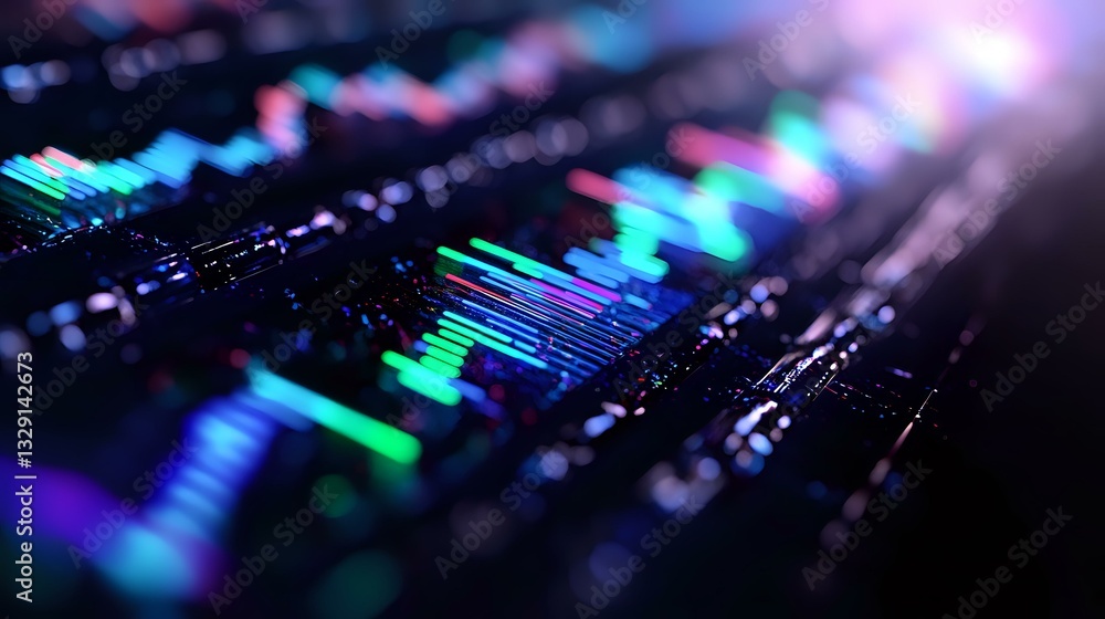 Poster glowing financial chart with neon blue and purple colors showing market data analysis on black backg