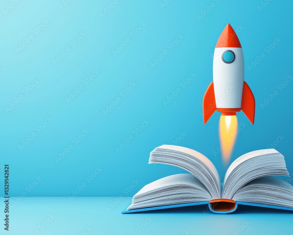 Poster a visual of a rocket taking off from an open book, symbolizing limitless learning.