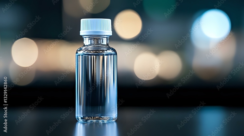 Poster clear plastic bottle with pure water on dark background with soft bokeh lights creating minimalist c