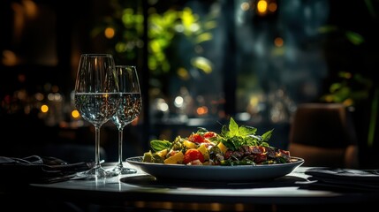 A beautifully arranged plate of colorful salad highlights fresh ingredients, while two sparkling glasses of water enhance the intimate dining experience at a restaurant.