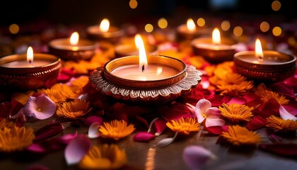 A close-up of traditional Diwali diyas surrounded by flower petals, glowing softly in a warm, inviting light, symbolizing the festival of lights.
