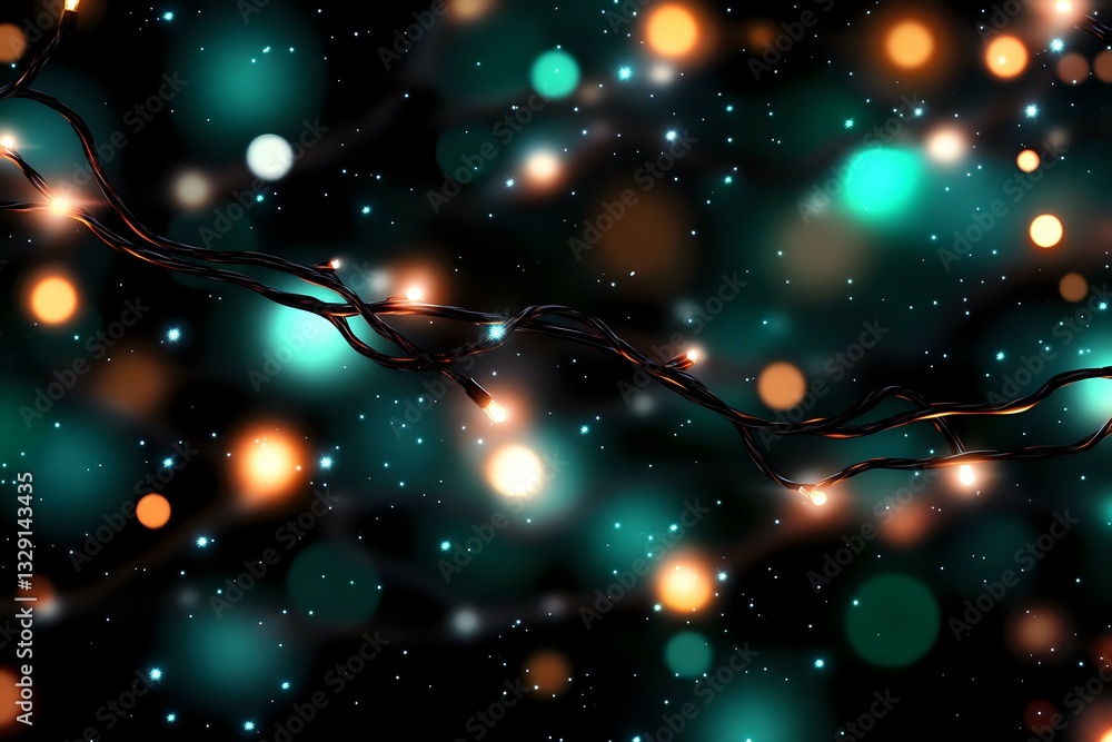 Aufkleber string lights with glowing turquoise and orange bokeh effects against dark background create magical