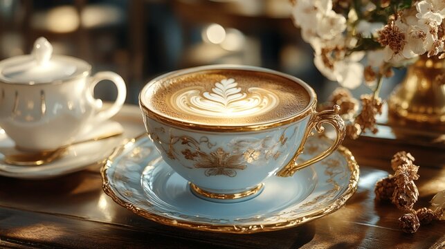 a beautifully decorated cup of coffee with latte art. The image captures the elegance and artistry of coffee culture, ideal for cafes and restaurants.