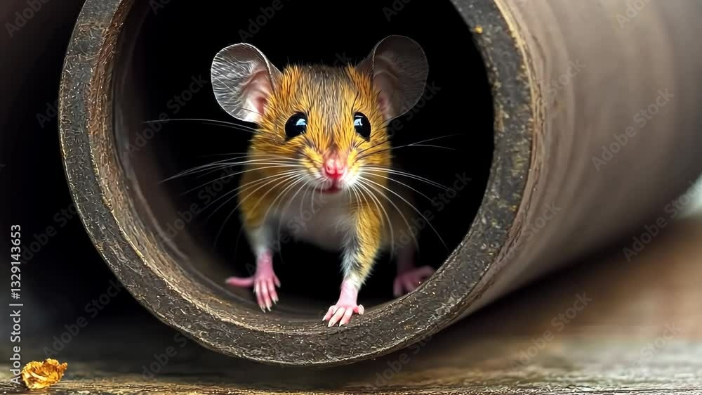 Poster small brown mouse is standing in a hole. the mouse is looking up at the camera. the hole is dark and