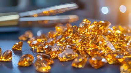 Amber crystals scattered on reflective surface with soft bokeh lights in background, luxury gemstones with warm golden glow creating elegant jewelry backdrop.