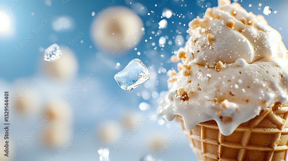 Poster creamy vanilla ice cream cone with crushed nuts and caramel drizzle splashing with ice cubes against