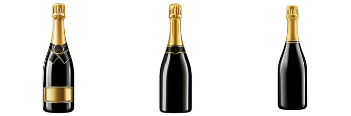 Set of Black Champagne Bottles with Golden Neck Isolated on Transparent Background