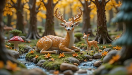 Obraz premium Adorable Deer Figurines in Autumnal Forest Setting Miniature Wildlife Scene