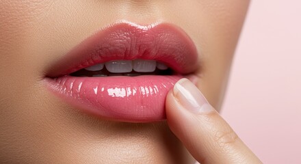 A close-up of a woman full glossy lips with a natural pink tint and her finger gently touches the lower lip