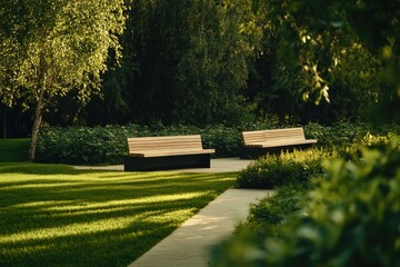 Obraz premium Serene park scene featuring wooden benches surrounded by lush gr