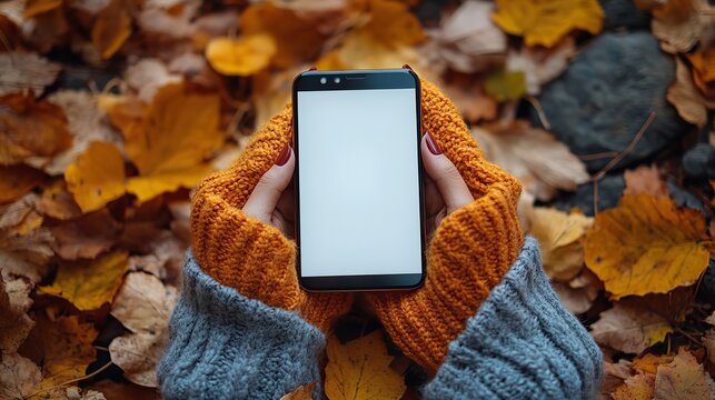 Perfect for showcasing appswebsites this fall, female hands hold a modern phone blank white screen against an autumnal white background.