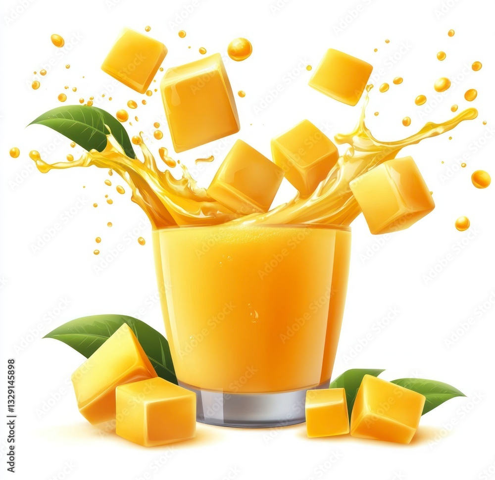 Poster refreshing mango juice with cubes and splash on white background