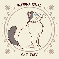 International Cat Day Vector Illustration, Adorable Cartoon Cat Character Design
