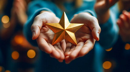 A team leader holding a gold star in hands while team cheering, symbolizing recognition and achievement