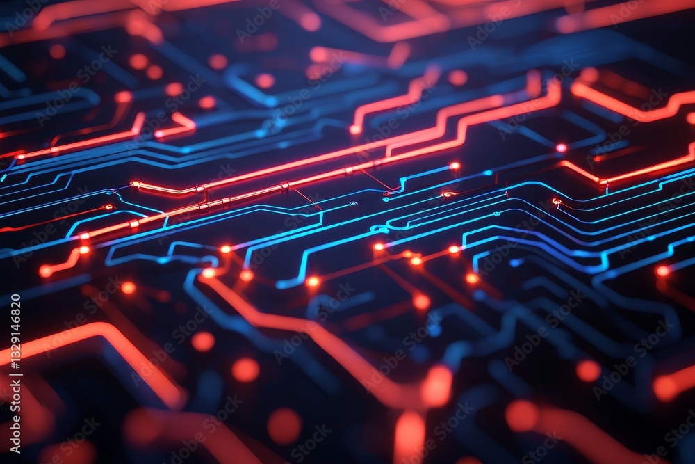 Poster data analytics and machine learning. futuristic circuit board with glowing blue and red lines on a d