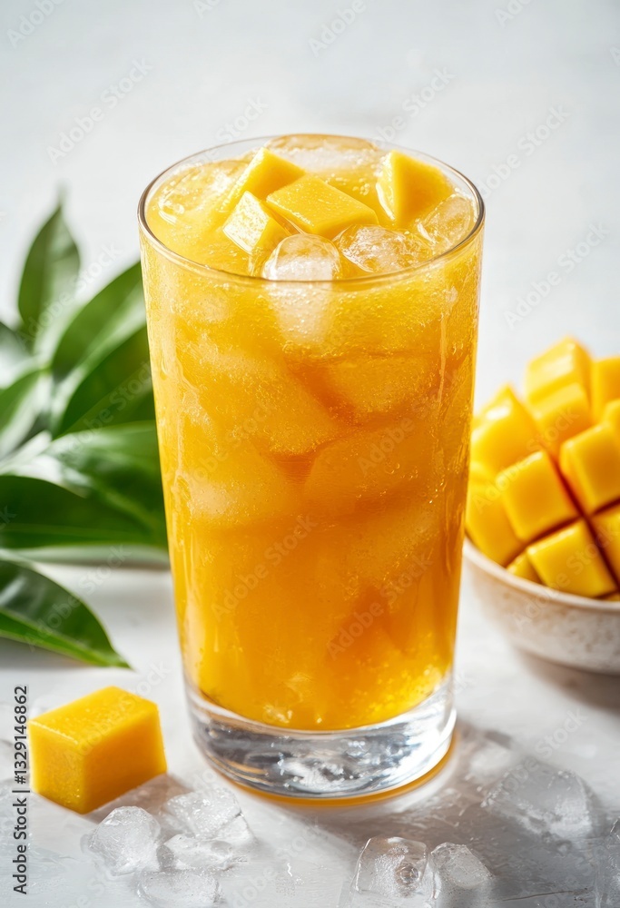 Poster refreshing mango juice with ice cubes and fresh mango chunks