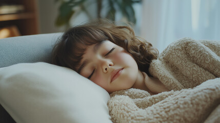Sweet Little Girl Taking a Nap on Comfortable Couch in Warm Home, child nap, home relaxation, cozy living, peaceful sleep, bedtime comfort, warm blanket, resting kid, comfortable home