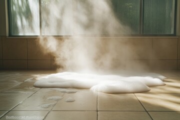 Steam rises from puddle of foam, creating an ethereal atmosphere