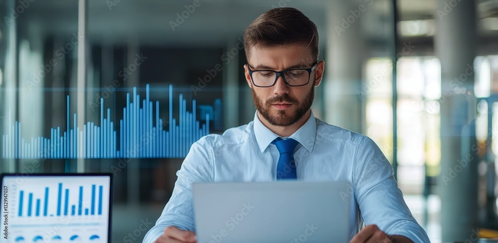Poster data analytics and machine learning. professional man analyzing data on a laptop in a modern office 